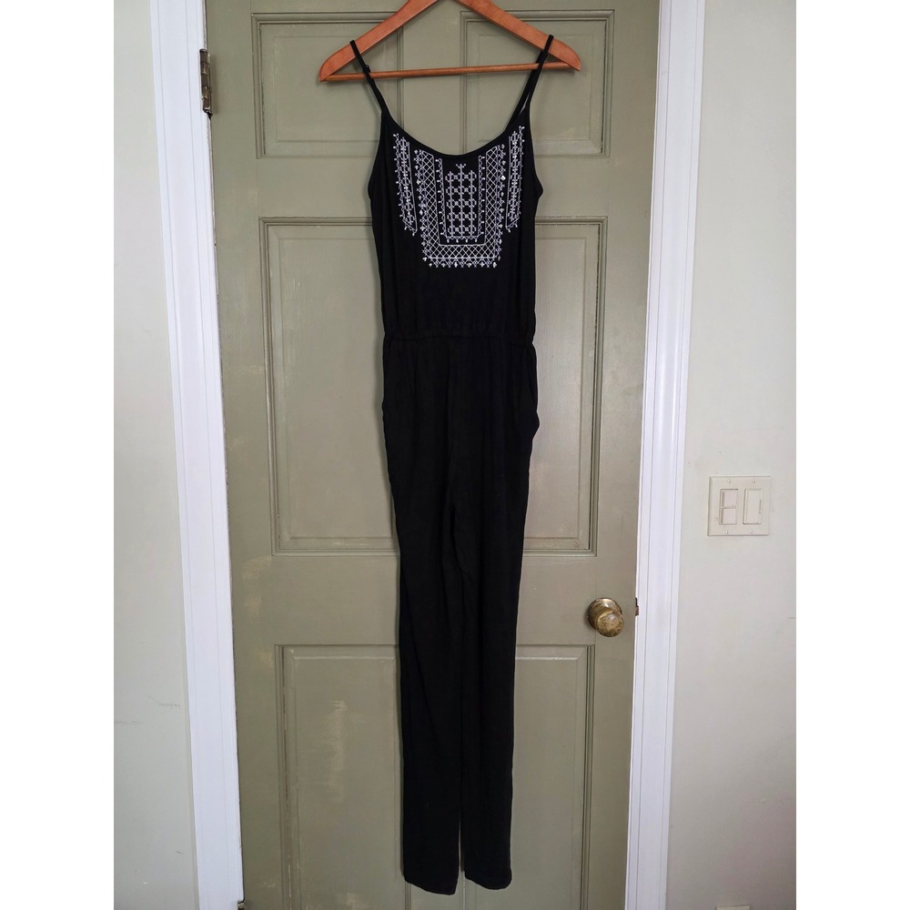 Forever 21 Womens Black Embroidered Bib Spaghetti Strap Jumpsuit Small Boho